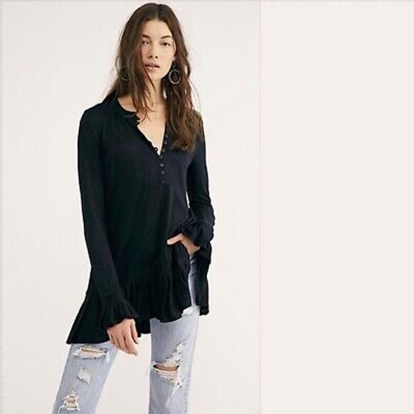 Free People Your Girl Black Long Sleeve Ruffle Henley Tunic Blouse Top Size XS - Picture 3 of 6